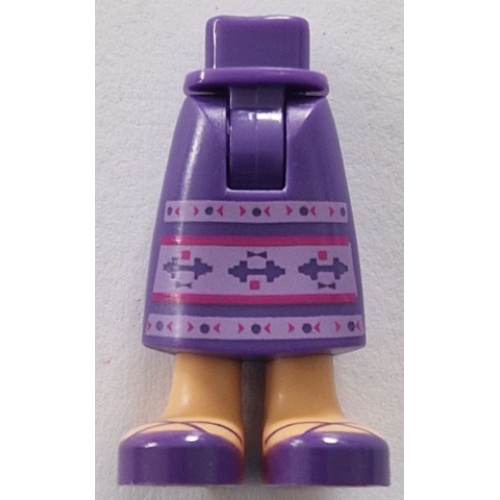 Деталь LEGO 59595c00pb25 Mini Doll Hips and Skirt Long with Molded Medium Tan Legs and Printed Dark Purple Sandals, Medium Lavender and Magenta Stripes, Dots, Arrows, Squares and Barbells Pattern - Thick Hinge