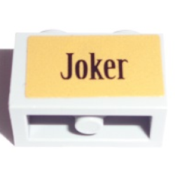 Technic, Brick 1 x 2 with Axle Hole with Black 'Joker' on Gold Background Pattern (Sticker) - Set 7785 Technic, Brick 1 x 2 with Axle Hole with Black 'Joker' on Gold Background Pattern (Sticker) - Set 7785