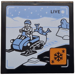 Tile 4 x 4 with 'LIVE' Broadcast with Bright Light Blue Snowmobile, Fish, Seal and Sky, White Ground and Mountains, Orange Icon with Black Snowflakes Pattern