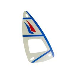 Plastic Part for Sets 1791, 1958-1, 6351, 6534 and 6595 - White Sail with Trans-Clear Window, Blue and Red Curved Triangles, Stripes, and Spine Pattern