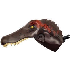 Dinosaur Head Spinosaurus with Black Rotation Joint Pin with Tan Teeth, Black Scales, Bright Light Orange Eyes and Dark Red Markings Pattern Dinosaur Head Spinosaurus with Black Rotation Joint Pin with Tan Teeth, Black Scales, Bright Light Orange Eyes and Dark Red Markings Pattern