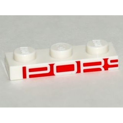 Деталь LEGO 3623pb007 Plate 1 x 3 with White 'PORS' on Red Background Pattern