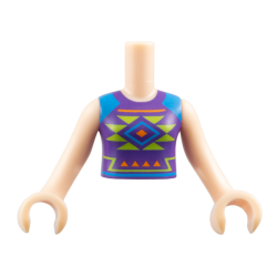 Torso Mini Doll Girl Dark Purple Shirt with Dark Azure Shoulders and Orange and Lime Diamonds and Triangles Pattern, Light Nougat Arms with Hands