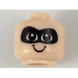 Minifigure, Baby / Toddler Head with Neck with Black Eyes, White Pupils, Black Domino Mask, and Smile Pattern Minifigure, Baby / Toddler Head with Neck with Black Eyes, White Pupils, Black Domino Mask, and Smile Pattern