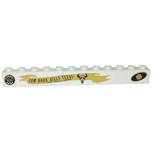 Деталь LEGO 6112pb005R Brick 1 x 12 with 'BULLET RUN', Dollar Sign and 'COW HORN BILLY TEXAS' Pattern Model Right (Stickers) - Set 8147