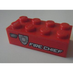 Brick 2 x 4 with White 'FIRE CHIEF' and Silver Badge Pattern Model Left Side (Sticker) - Set 8154