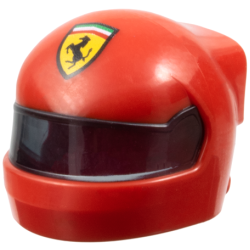 Minifigure, Headgear Helmet Formula 1 with Molded Trans-Black Visor and Printed Ferrari Logo Pattern Minifigure, Headgear Helmet Formula 1 with Molded Trans-Black Visor and Printed Ferrari Logo Pattern