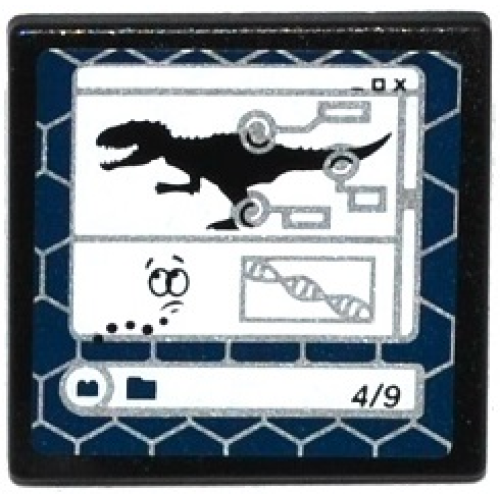 Деталь LEGO 15210pb004 Road Sign 2 x 2 Square with Open O Clip with Indominus rex Silhouette, DNA Double Helix and '4/9' on Computer Screen Pattern (Sticker) - Set 75919