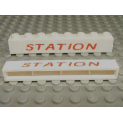 Brick 1 x 8 without Bottom Tubes with Cross Side Supports with Red 'STATION' Pattern Brick 1 x 8 without Bottom Tubes with Cross Side Supports with Red 'STATION' Pattern