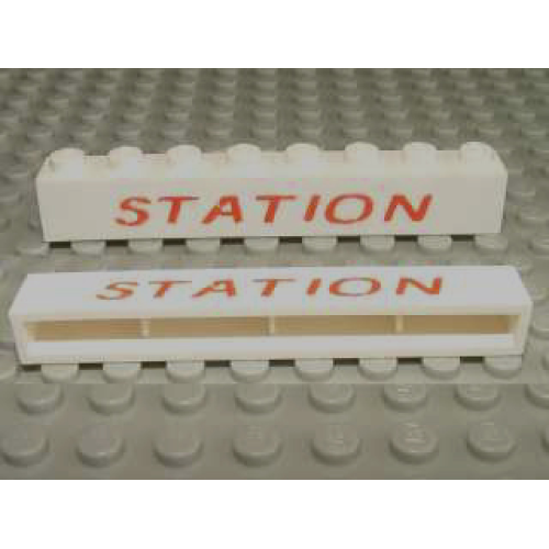 Деталь LEGO crssprt01pb18 Brick 1 x 8 without Bottom Tubes with Cross Side Supports with Red 'STATION' Pattern