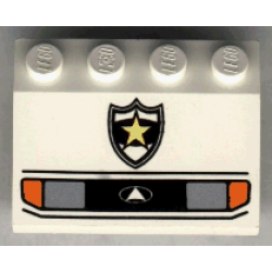 Vehicle, Mudguard 3 x 4 Slope with Silver Car Headlights, Orange Signal Lights, Black Grille with Triangle in Oval Logo, Police Yellow Star Badge Pattern
