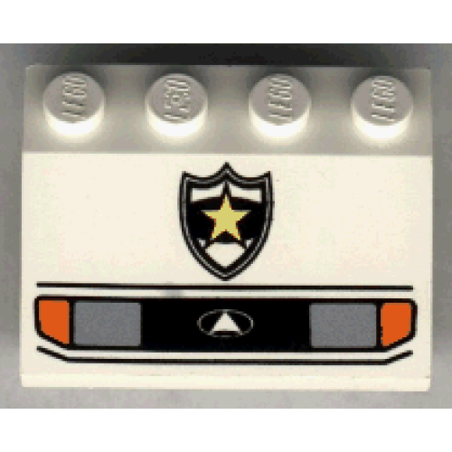 Деталь LEGO 2513px2 Vehicle, Mudguard 3 x 4 Slope with Silver Car Headlights, Orange Signal Lights, Black Grille with Triangle in Oval Logo, Police Yellow Star Badge Pattern