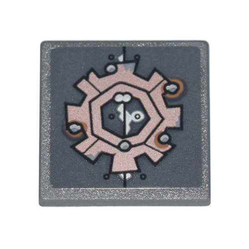 Деталь LEGO 15210pb090 Road Sign 2 x 2 Square with Open O Clip with Copper Gear, Silver Rivets and Rust Pattern (Sticker) - Set 70840