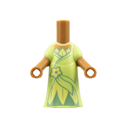 Деталь LEGO 65203pb010 Micro Doll, Body with Molded Yellowish Green Dress and Printed Bright Light Yellow Flower and Leaves, Metallic Light Blue Gathers, Medium Nougat Neck Pattern