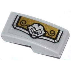 Slope, Curved 2 x 1 x 2/3 with Gold and Silver Armor Plate with Lion Head and Black Swirls Pattern Model Right Side (Sticker) - Set 70123 Slope, Curved 2 x 1 x 2/3 with Gold and Silver Armor Plate with Lion Head and Black Swirls Pattern Model Right Side (Sticker) - Set 70123