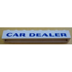 Brick 1 x 8 without Bottom Tubes with Cross Side Supports with Blue 'CAR DEALER' Pattern
