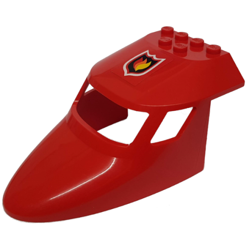 Деталь LEGO 87613pb001 Aircraft Fuselage Forward Top Curved 6 x 10 x 4 with 3 Window Panes with Fire Logo Pattern (Sticker) - Set 7206