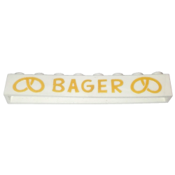 Brick 1 x 8 without Bottom Tubes with Cross Side Supports with Yellow 'BAGER' and Pretzels Wide Pattern Brick 1 x 8 without Bottom Tubes with Cross Side Supports with Yellow 'BAGER' and Pretzels Wide Pattern