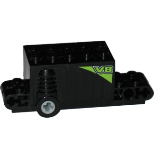 Деталь LEGO 47715c01pb06 Pullback Motor 9 x 4 x 2 2/3 with Lime 'V8' Pattern on Both Sides (Stickers) - Set 8647