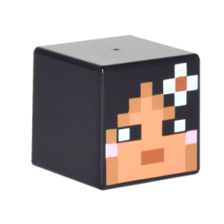 Minifigure, Head, Modified Cube with Pixelated Nougat Face, Dark Orange Mouth, Bright Pink Earrings, and White Flower in Hair Pattern (Minecraft Skin)