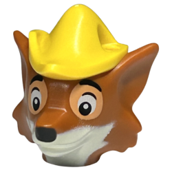Minifigure, Head, Modified Fox with Molded Yellow Hat with Hole and Printed Black and White Eyes with Nougat Outline, Nose, Muzzle and Beard Pattern