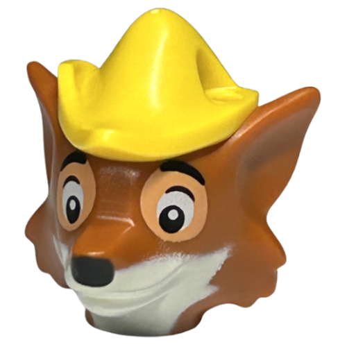 Деталь LEGO 101700pb01 Minifigure, Head, Modified Fox with Molded Yellow Hat with Hole and Printed Black and White Eyes with Nougat Outline, Nose, Muzzle and Beard Pattern