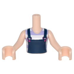 Torso Mini Doll Girl Dark Blue Overalls with Magenta Buckles over White and Lavender Striped T-Shirt Pattern, Light Nougat Arms with Hands