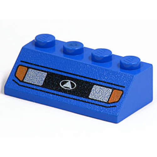 Деталь LEGO 3037px1U Slope 45 2 x 4 with Silver Car Headlights, Orange Signal Lights, Black Grille with White Triangle in Oval Logo Pattern - Blue
