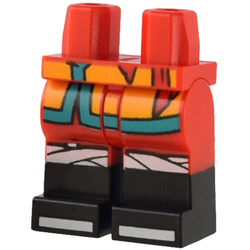 Деталь LEGO 970c00pb1461 Hips and Legs with Molded Black Lower Legs / Boots and Printed Bright Light Orange Robe Ends with Dark Turquoise Trim, White Knee Wrappings and Shoe Tips Pattern