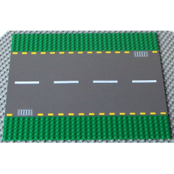 Baseplate, Road 32 x 32 6-Stud Straight with Dark Gray Road, Yellow Dashed Lines, and Light Gray Storm Drains Pattern