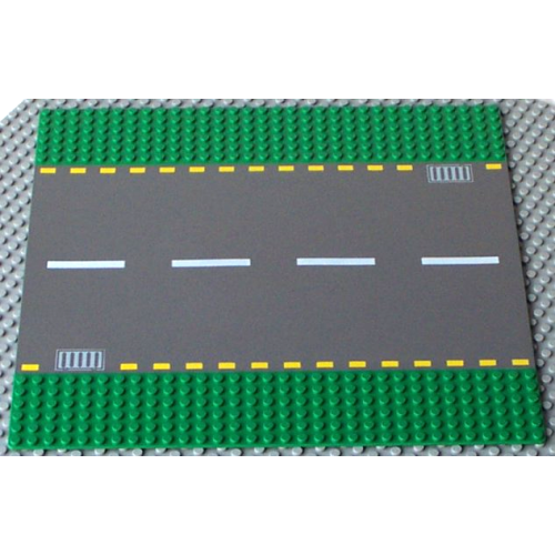 Деталь LEGO 44336pb01 Baseplate, Road 32 x 32 6-Stud Straight with Dark Gray Road, Yellow Dashed Lines, and Light Gray Storm Drains Pattern