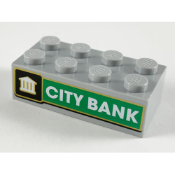 Brick 2 x 4 with White Bank on Black Background, White 'CITY BANK' on Green Background Pattern
