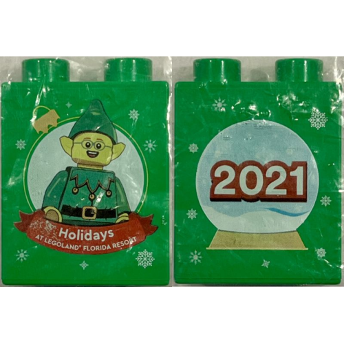 Деталь LEGO 4066pb858 Duplo, Brick 1 x 2 x 2 with Holidays at LEGOLAND Florida Resort 2021, Elf Minifigure Pattern