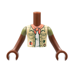 Torso Mini Doll Boy Tan Vest over White Shirt, Coral Scarf Pattern, Reddish Brown Arms with Hands with Olive Green Short Sleeves