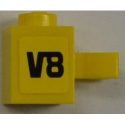 Brick, Modified 1 x 1 with U Clip (Vertical Grip) - Solid Stud with Black 'V8' Pattern Model Left Side (Sticker) - Set 8186 Brick, Modified 1 x 1 with U Clip (Vertical Grip) - Solid Stud with Black 'V8' Pattern Model Left Side (Sticker) - Set 8186