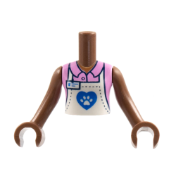 Torso Mini Doll Girl Bright Pink Collar Shirt, White Apron with Dark Blue Heart and Pawprint Pattern, Medium Brown Arms with Hands