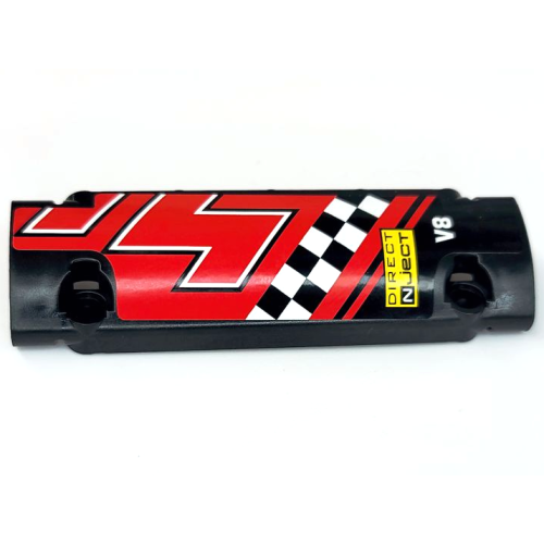 Деталь LEGO 62531pb045R Technic, Panel Curved 11 x 3 with 'DIRECT NjecT', 'V8', White and Black Checkered Stripe on Red Background Pattern Model Right Side (Sticker) - Sets 8041 / 42041
