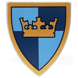 Minifigure, Shield Triangular Short with Gold Crown on Dark Blue and Medium Blue Quarters Background Pattern Minifigure, Shield Triangular Short with Gold Crown on Dark Blue and Medium Blue Quarters Background Pattern