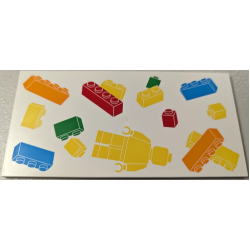 Tile 8 x 16 with Bottom Tubes, Textured Surface with Yellow, Orange, Dark Azure, Red and Bright Green Floating Bricks and Minifigure Pattern