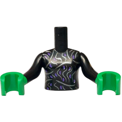 Torso Mini Doll Girl Dress Top with Dark Purple Spots and Silver Wavy Lines Pattern, Bright Green Arms with Hands with Black Long Sleeves