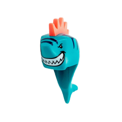 Minifigure, Head, Modified Shark with Coral Spiked Hair, Fin, Tail, Dark Blue Stripes and Wide Grin with Teeth Pattern