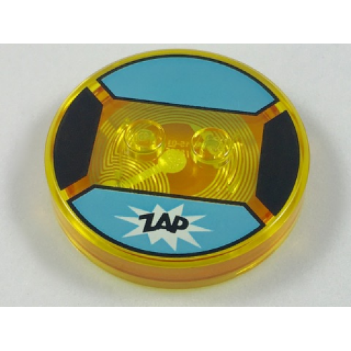 Деталь LEGO 18605c02pb28 Dimensions Toy Tag 4 x 4 x 2/3 with 2 Studs and Trans-Orange Bottom with Black 'ZAP' in White Starburst on Medium Azure Background Pattern (Bubbles)