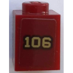 Brick 1 x 1 with Gold '106' with Black Outline on Dark Red Background Pattern (Sticker) - Set 71044