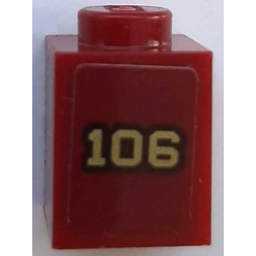 Деталь LEGO 3005pb040 Brick 1 x 1 with Gold '106' with Black Outline on Dark Red Background Pattern (Sticker) - Set 71044