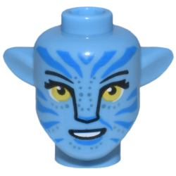 Minifigure, Head, Modified Alien Na'vi with Yellow Eyes with Long Eyelashes, Silver Spots, Blue Markings, Open Mouth Smile with Teeth Pattern Minifigure, Head, Modified Alien Na'vi with Yellow Eyes with Long Eyelashes, Silver Spots, Blue Markings, Open Mouth Smile with Teeth Pattern