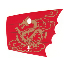 Plastic Sail, Scalloped with 4 Holes with Black Lines and Gold Dragon and Smoke on Red Background Pattern