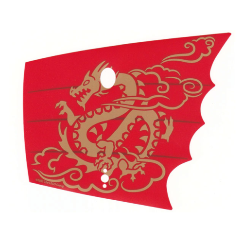 Деталь LEGO 77493a Plastic Sail, Scalloped with 4 Holes with Black Lines and Gold Dragon and Smoke on Red Background Pattern
