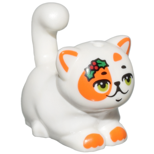 Деталь LEGO 2652pb03 Cat, Friends Style, Large, Sitting with Orange Markings, Lime Eyes, Green and Red Holly Pattern (Churro)
