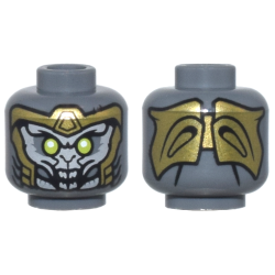 Minifigure, Head Alien with Lime Eyes, Light Bluish Gray Face, Gold Armor, and Open Mouth with Teeth Pattern