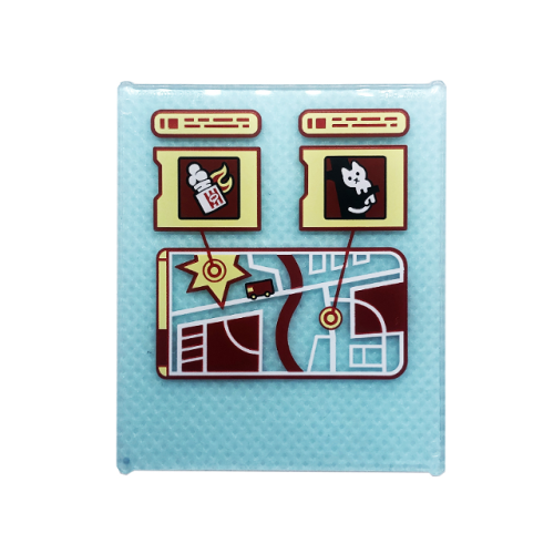 Деталь LEGO 42509pb01 Glass for Window 1 x 6 x 6 Flat Front with Bright Light Yellow, Red, and White GPS Map Screen, Cat, and Popcorn Pattern